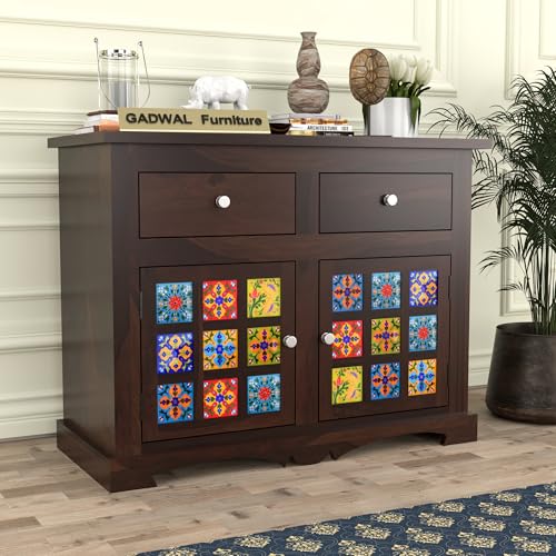 Image of Solid Wood 2 Drawer and 2 Door Sideboard Storage Cabinet & Chest of Drawer for Living Room Bedroom Kitchen Home (Adolph, Walnut Finish)