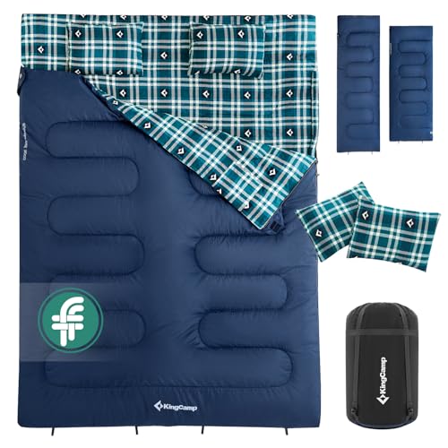 KingCamp Sacco a Pelo Matrimoniale Flanella Extra Grande -13℃-7℃ Separabile in 2 Sacchi a Pelo Singolo Sacco a Pelo Doppio 3-4 Stagioni Portatile Comodo Campeggio Leggero con Custodia,Navy