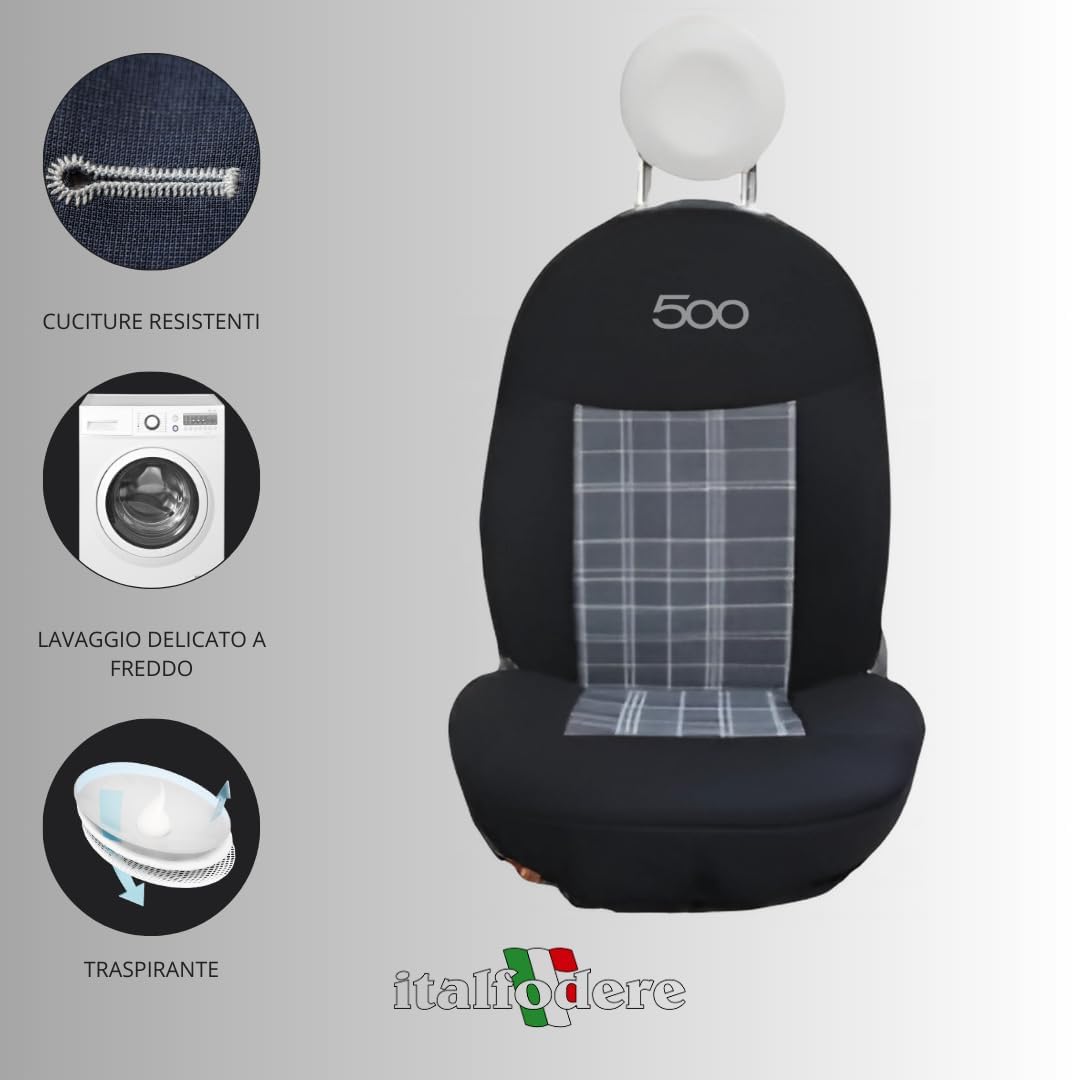 Italfodere - Coppia Coprisedili Anteriori Compatibili con Fiat 500 Dal 2007 in poi - Cotone Accoppiato - Fatti a Mano - Eleganti e Resistenti - Accessori Auto Interno - Scozia Nero - Made in Italy