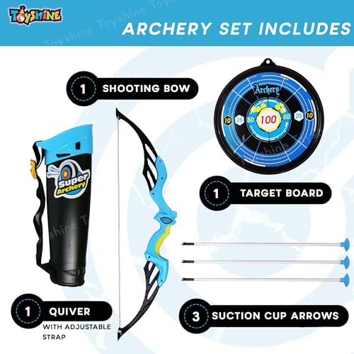Image of Toyshine Bow & Arrow Archery Set Outdoor Hunting Adventure Game with Safe 3 Suction Dart Arrows, Target & Quiver Sports Toy Kids 7-12 Years - Blue