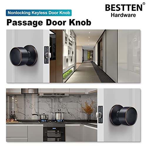 Bestten Passage Door Knob Set With Nonlocking, Removable Latch Plate, Interior Door Handles For Hallway Closet, Geneva Series, Oil Rubbed Bronze #TOP2