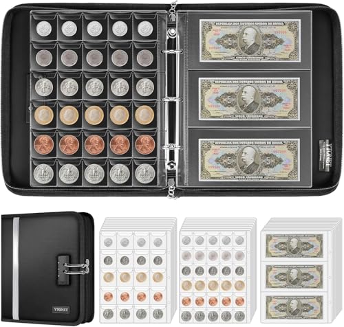 Ytonet Feuerfest Münzen Sammelalbum 320 Fächer Münzalbum & 36 Fächer Geldschein Album Münzalbum mit Schloss Münzen Aufbewahrung Organizer für Geldscheine Pennies Quarters Briefmarken Schwarz
