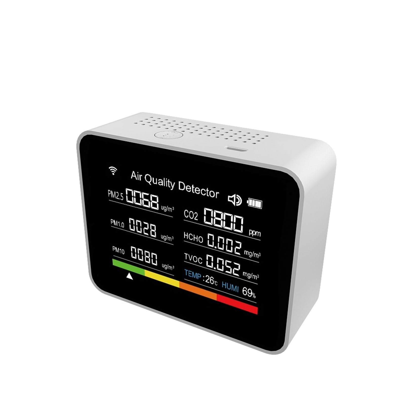 CVFRDD 13in1 Air Quality Tester CO2/TVOC/HCHO/PM2.5/PM1.0/PM10/Temperature/Humidity/Time/Date/Alarm/Timer/Stopwatch CO2 Meter(Bianco)