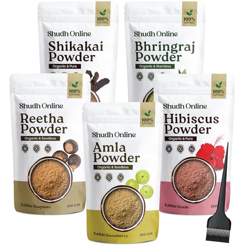 Herbal Hair Mask Powder Combo, Indian Ayurvedic Herbal Powder for Hair Growth (1.1 lb, 500g), Bhringraj, Hibiscus, Shikakai, Reetha, Amla Shampoo (3.5 oz each)