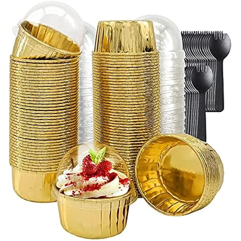 Cupcake Muffin Liners With Lids 100 Pack,LNYZQUS 5.5 Oz Large Foil Baking Cups Muffin Tins,Disposable Ramekins Cupcake Cups Cupcake Wrappers Holders For Wedding Valentine,with Spoons-Gold Cover