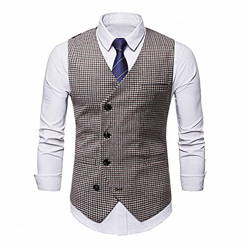 Business Suit Vest Classic Fashion Plaid Waistcoat Official Daily Look Work Dress Shirt Jacket Brown