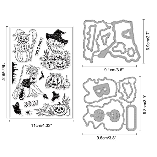 ORIGACH Halloween Witch Clear Stamps and Dies Set for Card Making Halloween Witchs Pumpkin Ghost Bat Silicone Stamps Cutting Dies for DIY Scrapbooking Craft Greeting Card Decor - Image 2
