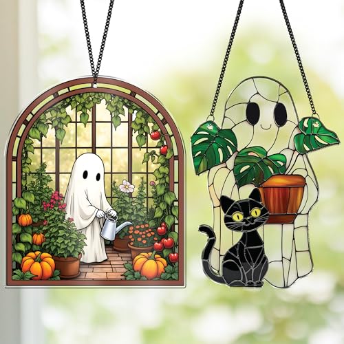 2 Cute Halloween Decoration Suncatchers 6 Spooky Cute Ghost Plant Window Hangings Ghost with Black Cat Greenhouse Pumpkin Ornaments Home Garden Gifts for Mom Plant Lovers Women Girl SS358