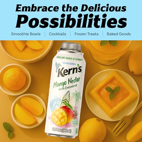 Image of Kern's Mango Nectar Lata Botella - Made with Fresh Fruit Puree - Mango Juice Concentrate for Tropical Fruit Smoothie Mix, Cocktail Mixers & Kids Beverages - 15.5oz, 12 Pack Resealable Juice Bottles