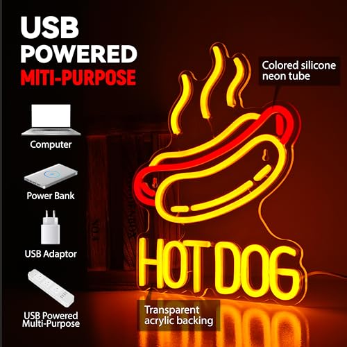 Image of Hot Dog Neon Sign LED Light for Wall Decor, Hot Dog Shop, Restaurant, Man Cave, 13.8x10.6 inches, Red and Yellow, Acrylic