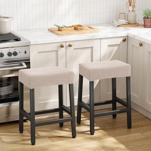 Image of YISUN Stool Covers Rectangle - 2 Pack Stretch Waterproof Saddle Seat Cover Counter Bar Stools Bar Chairs Covers Kitchen Island Chairs Cushion Protector (2, Khaki)