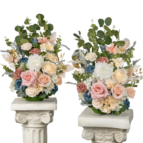 TINGE TIME Free Standing Artificial Rose Flowers Set of 2, Wedding Arch Altar Stage Decorations, Silk Fake Flower for Wedding Centerpiece Archway Aisle Welcome Entrance (DustyRose&NavyBlue)