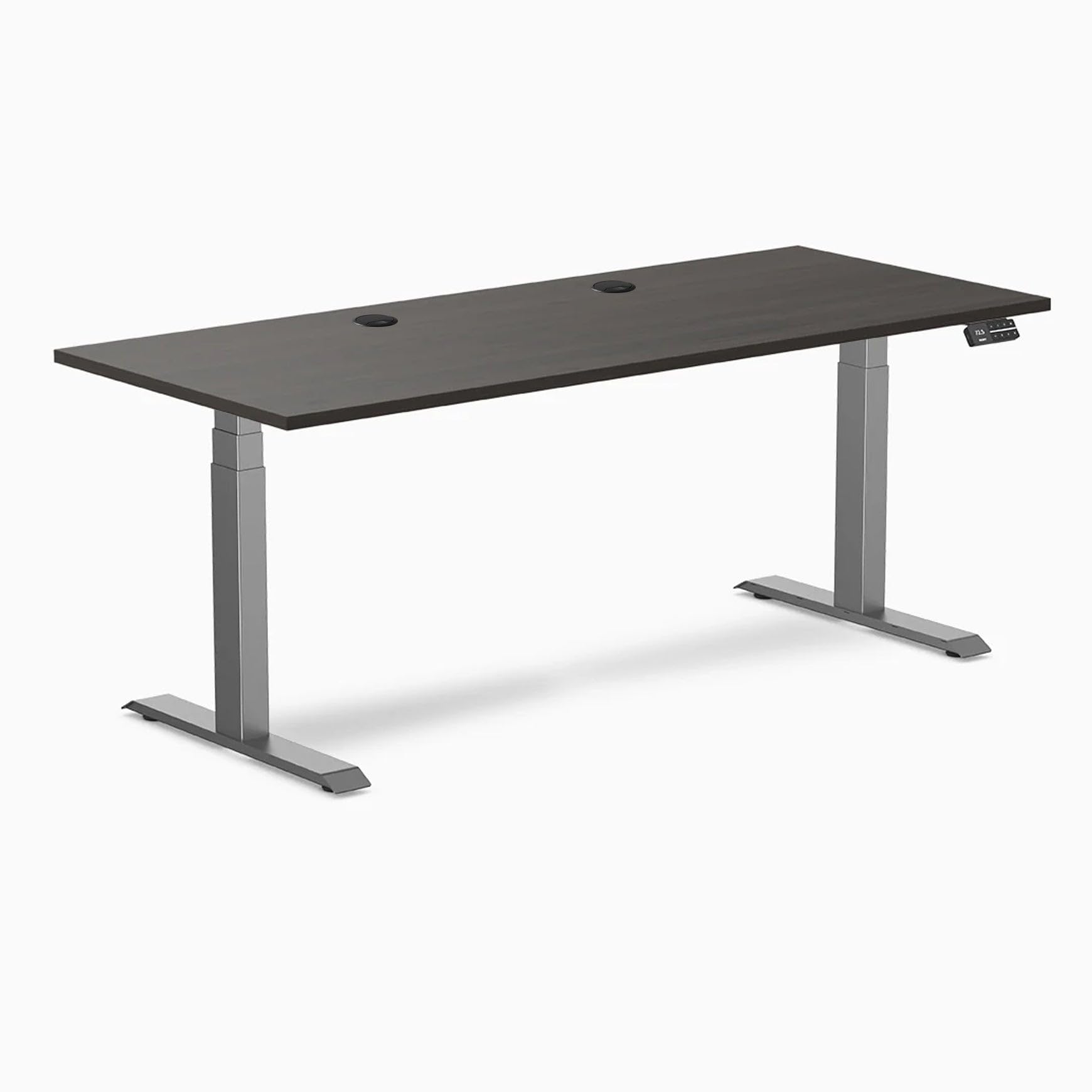 Desky Dual Laminate Sit Stand Desk Burnished Wood 70.9" Grommets Space Gray