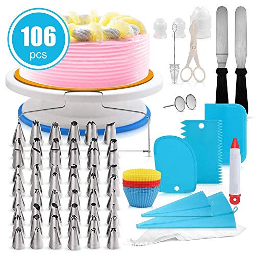 Decorazione Torta Kit, 106 PCS Utensili da Decorazione per Torte Includere Supporto per Giradischi Rotante, Ugelli in Acciaio Inossidabile, Borse, Raschietti, Spatole, Fiori Unghie e Spazzola