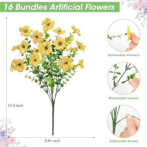 Image of Bassion 16 Bundles Artificial Flowers for Outdoors Fake Flowers, Yellow