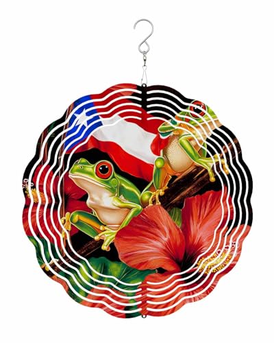 Summer Wind Spinners, Blue Triangle Red and White Stripes Frog Hanging Wind Spinners for Yard and Garden 3D Stainless Steel Metal Sculptures Crafts Ornaments 8 Inch