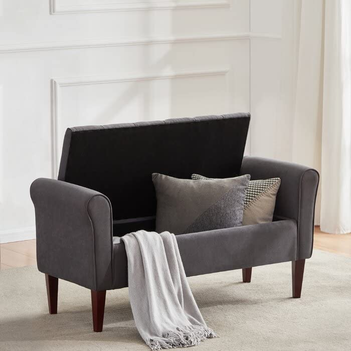 Image of Upholstered Flip Top Storage Armrest Bench Ottoman Pouffe Puffy Settee 2 Seater Sofa Footstool for Livingroom Bedroom Office Hotel Guestroom (Grey) - Sal Wood