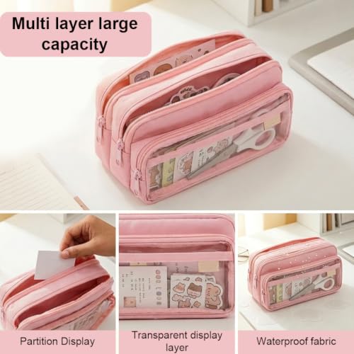 Image of ZIBUYU Large Capacity Pencil Case, 4 Compartments, Pen Pouch, Pink