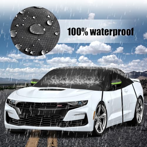 Image of Half Car Cover Compatible with Chevrolet Camaro 2010 2023, Winter Windshield Cover with Side Mirror Cover, Top Roof Protector for Snow Ice Hail Rain Sun Protection
