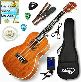 Ukulele Concert Size Bundle By Lohanu (LU-C) All Accessories Included  2 Strap Pins Installed Nylon Strap Padded Case Tuner Leather & Plastic Picks Ukelele Hanger Aquila Strings Free Video Lessons!