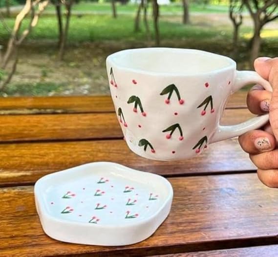 Image of OCEAN STORE Ceramic Cherry Print Tea Cup with Saucer 250 ml | Aesthetic Coffee Cup Set | Cute Printed Ceramic Mug | Glossy Finish Cup for Home, Office & Cafe (2)