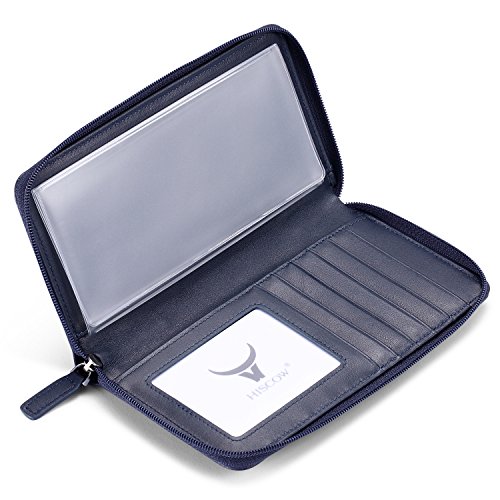 Image of HISCOW Leather Checkbook Cover, Zippered Wallet with Card Slots, Dark Blue | Full grain cowhide, 5cc & ID window, personal check book & register pockets, removable duplicate divider, women secure zipper