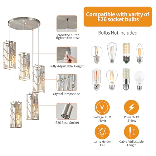 Image of Brushed Nickel Pendant Lighting Modern Pendant Light, Mini Crystal Chandeliers, Adjustable Pendant Light Fixture for Kitchen Island Dinning Room Bedroom (5 Light)