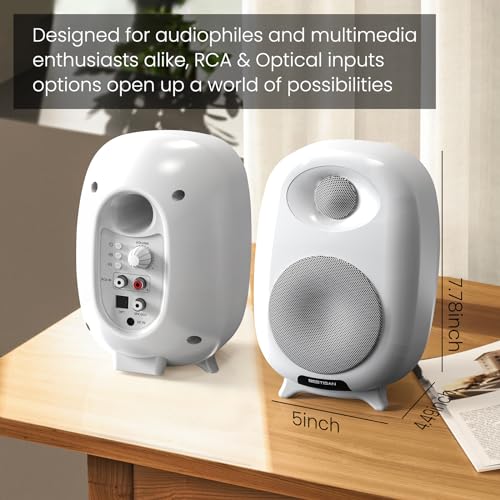 BESTISAN SR06 Bluetooth Bookshelf Speakers for Turntable, Desktops with 3 inch Woofer, TV Speakers with Optical/RCA inputs(White, Pair, 50W)