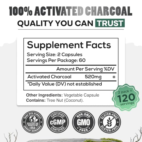 Image of Wild Foods Activated Charcoal Capsules, 100% Organic Coconut Shells, 2 Pack | 120 Count Each, Supports Bloating Relief, Lab Tested & Non-GMO Detox Pills, Worldwide Sourced
