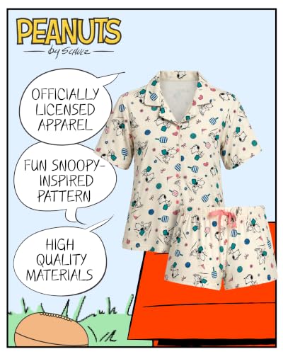 Image of COCO BRANDS Peanuts Snoopy Womens Pajama Set - 2 Piece Short Sleeve Button Down Sleep Shirt and Pajama Shorts