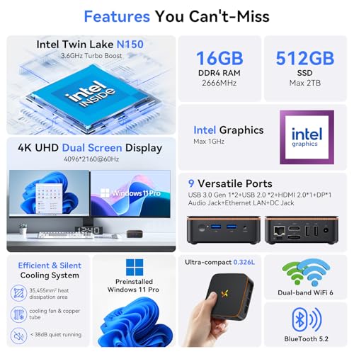 Image of Huidun New H50 Mini PC with 3-Year Warranty, N150 (Upgraded N97 /95, Turbo 3.6GHz), 16GB RAM 512GB M.2 SSD Mini Computer, HDMI+DP Dual 4K Display /WiFi 6 /BT 5.2 /USB /LAN, Business /Home /Office