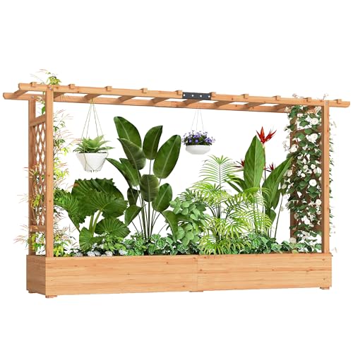 Outsunny Raised Garden Bed with Trellis, Wooden Planter Box with Hanging Roof and Drainage Holes, Outdoor Trellis Planter for Climbing Plants, Vegetables, Herbs and Flowers, 78.7' x 17.3' x 44.7'