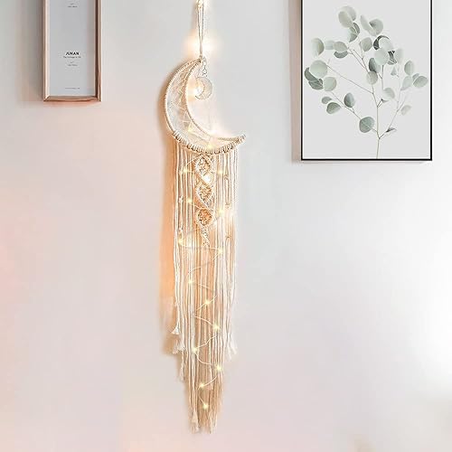 MGahyi Atrapasueños de luna y estrella, atrapasueños tejido de macramé con luz, decoración bohemia para colgar en la pared, dormitorio, decoración