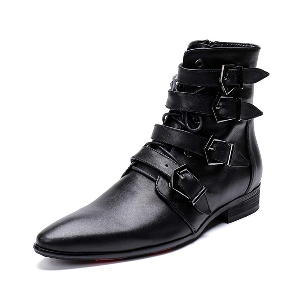 Rui Landed Ankle Boots for Men Pointed Toe Plain Genuine Leather Monk Strap Lace Up Style Block Heel Metal Inner Zippers High Top Shoes