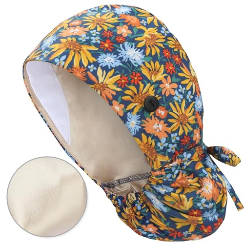 Image of QBA Adjustable Working Cap with Button, Satin-Lined Hat, Cotton Working Hat Sweatband, Elastic Tie Back Hats Unisex
