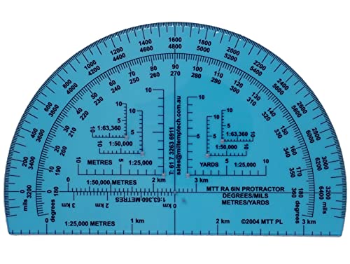 MTT PL - RA 6IN Protractor with Degrees and mils, Graduated in Meters and Yards for Angle Measurements and map Plotting for Outdoor Navigation, Hiking, Orienteering and Survival.