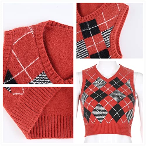 Hyipels Argyle Sweater Vest Women,Y2K Crop Plaid Knitted Streetwear Preppy V Neck Knit Tank Topteen Girls #TOP6