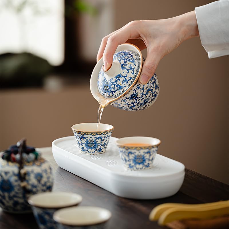 Portable Kung Fu Tea Set | Beige Porcelain Travel Tea Set with Leather Case | Complete Gongfu Tea Kit for Outdoor, Camping, Business Trip | Ideal Gift for Tea Lovers, Clients, Holidays image 3