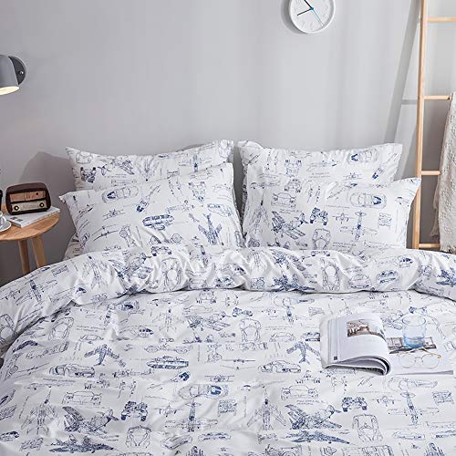 Image of KAREVER White Aircraft Comforter Set Twin Boys Cartoon White Bedding Set Airplane Comforter Car Tank Printed Bedding for Children Teen Boy Blanket Set