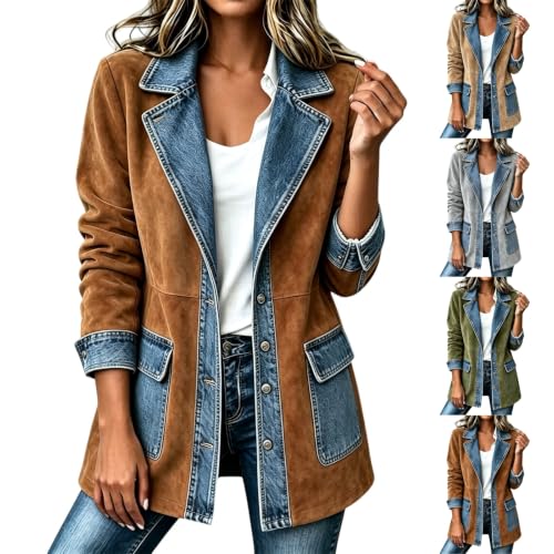Faux Suede Denim Patchwork Jacket Women Barn Jean Blazer Brown - image 1