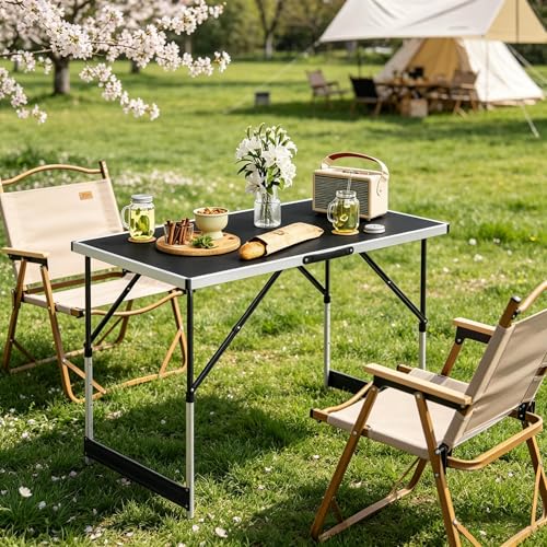 Table pliable à hauteur réglable avec pieds ajustables pour repas noir