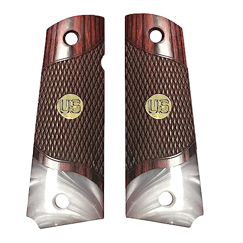 Compatible Replacement for 1911 Grips Full Size Double Diamond Checkered Rosewood Faux Pearl Accent Premium Grips US Gold Tone Medallion Bonus 4 Gold Screws - Premium Gun Grips