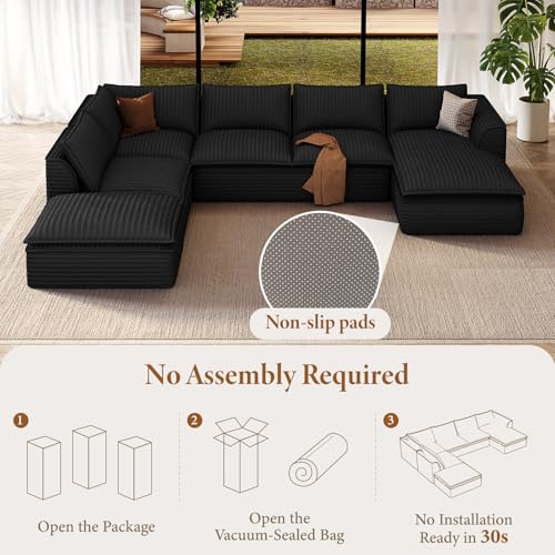 Image of Vesgantti 7 Seater U Shaped Boneless Cloud Couch with Chaise, Black | Oversized Compressed Modular Sectional Couch with Ottoman, Deep Seat Sofa for Living Room, Pinstripe Corduroy, No Assembly