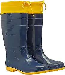 Bota Galocha Cano Longo Azul/Amarela Polaina Amarra Cadarço Antiderrapante Impermeável Pescaria Limpeza Picada Cobra