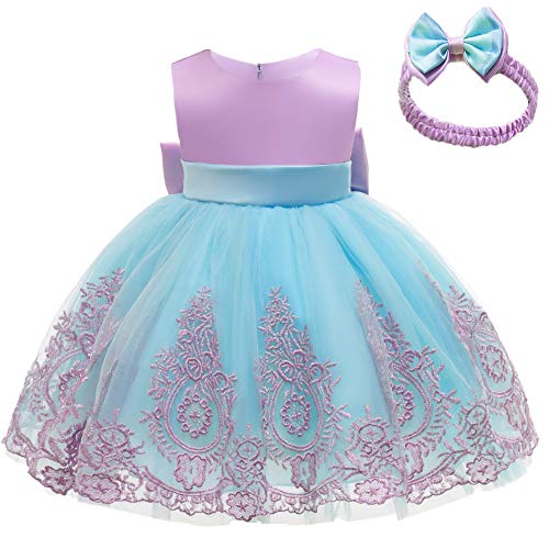 Image of CMMCHAAH 0-6T Baby Girls Pageant Lace Embroidery Dresses Toddler Party Bowknot Tutu Gown Dress with Headwear
