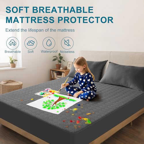 Waterproof Mattress Protector California King Size - Breathable, Noiseless, Ultra-Soft Bed Cover, Mattress Pad Cover with Deep Stretchable Pockets 8"-21" (Gray)
