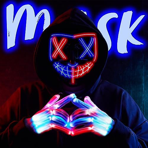 Image of JOYIN Halloween Led Mask, Light Up Mask and Gloves for Cosplay Costume (Red & Blue), 3 Modes Scary Glow in The Dark Masks for Boys Girls Halloween Party Dress Up Accessories, Gifts Giving