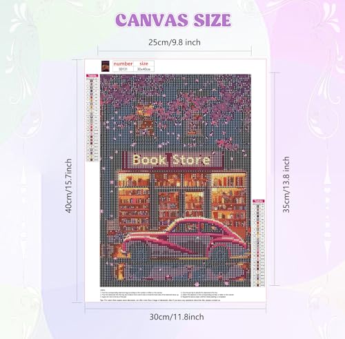 Image of QENSPE Diamond Art Kits for Adults, DIY Bookstore At Night Full Drill Diamond Painting Art Kit for Beginners, Pink Car 5D Round Diamond Dots Paintings, Gem Art Crafts Home Wall Decor Gifts 12x16 inch