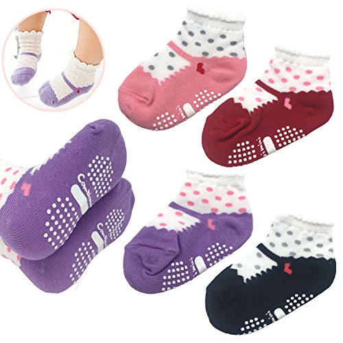 Elesa Miracle Mary Jane Socks Baby Girl Non-skid Shoe Socks, 4 Pairs, Infants to Toddlers Anti Slips Socks, for 12-24 Months, Ballet