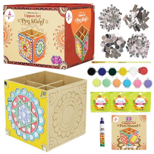 Image of Kalakaram Lippan Art & Craft Kit - DIY Painting Activity for Kids & Adults | Make Your Own Decorative Pen Stand with Pre-Marked Base | Traditional Mirror Art | Folk Art Home Decor Kit